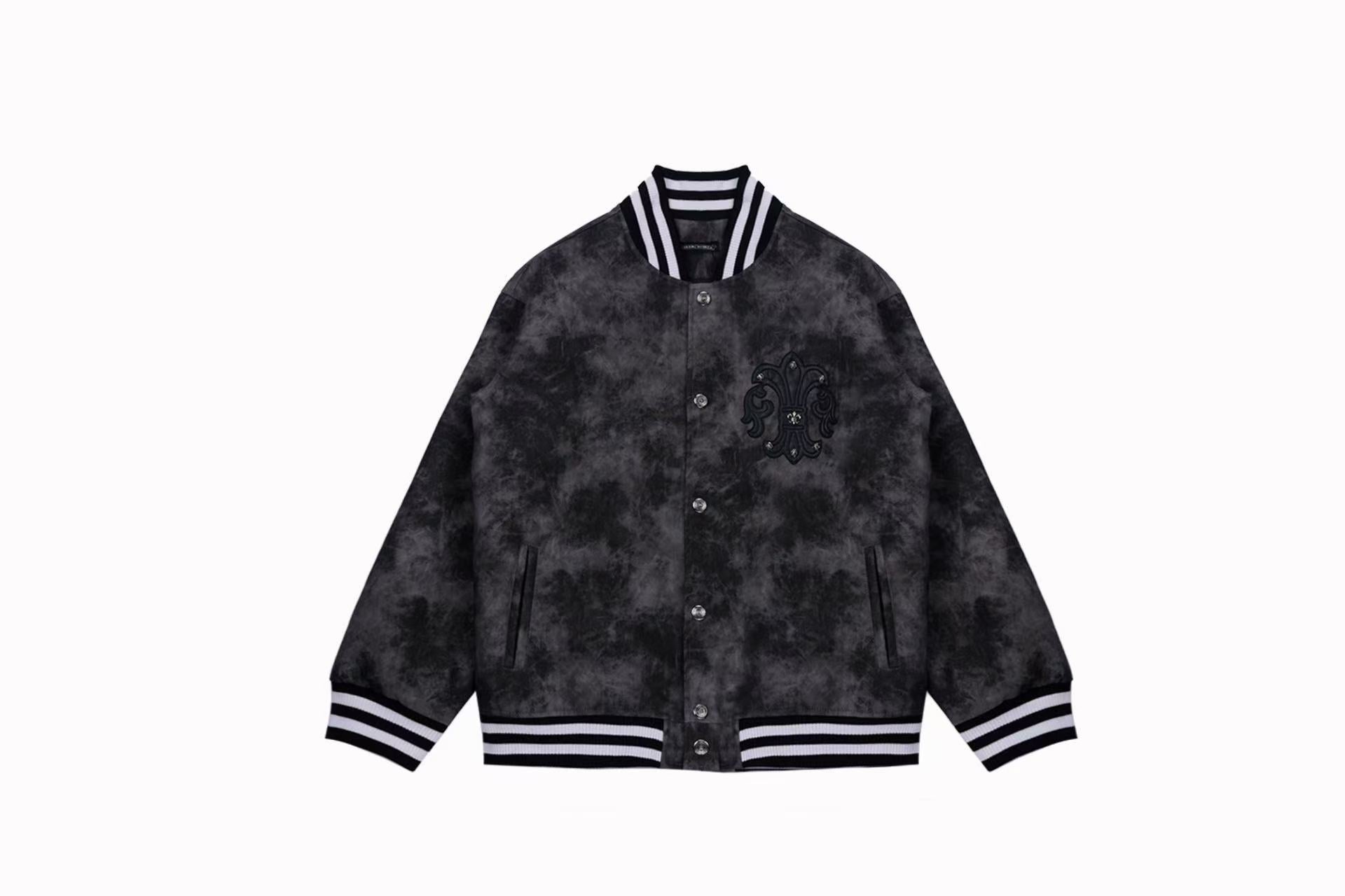 Fleur-de-lis Patch Varsity Jacket - Grey Tie-dye Outerwear A5588